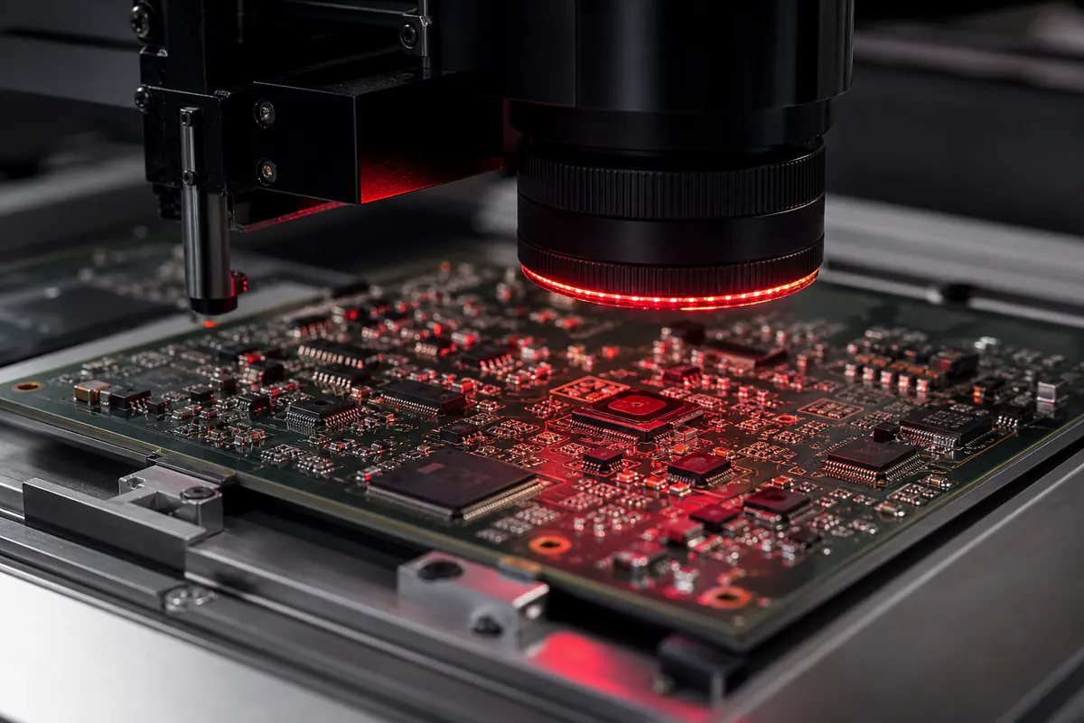 Automated optical inspection camera scanning components on a populated printed circuit board