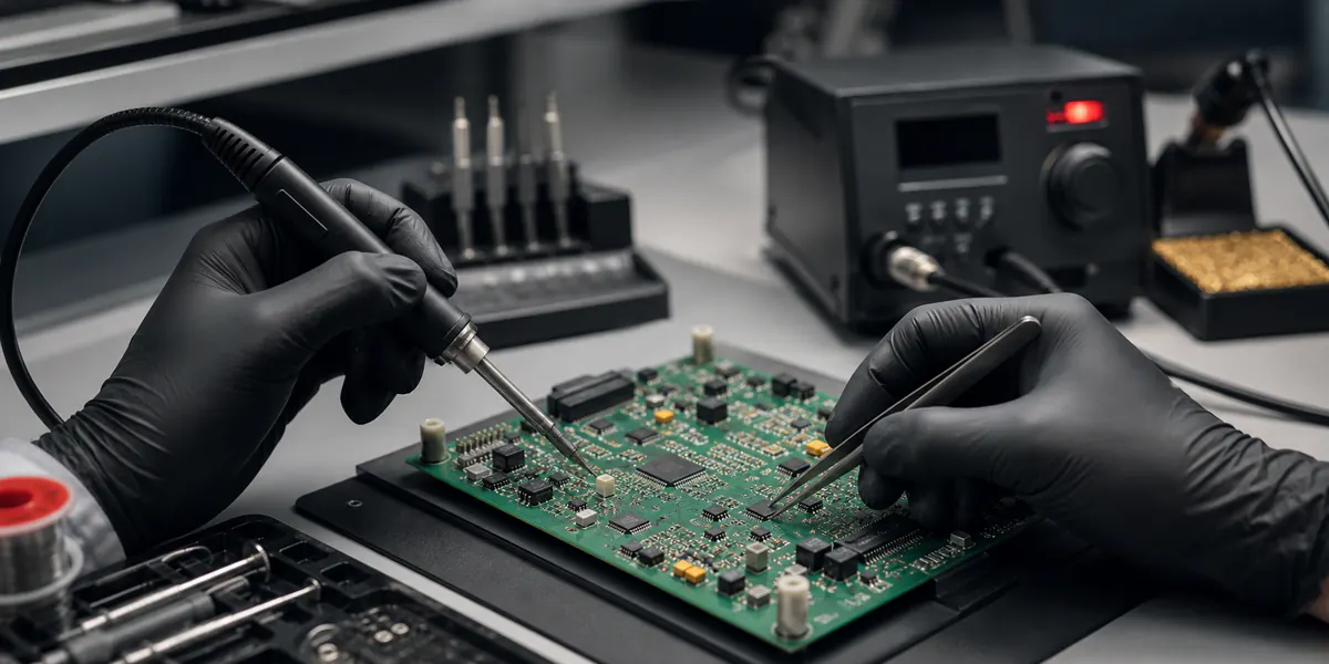 Electronics technician soldering and reworking components on a printed circuit board