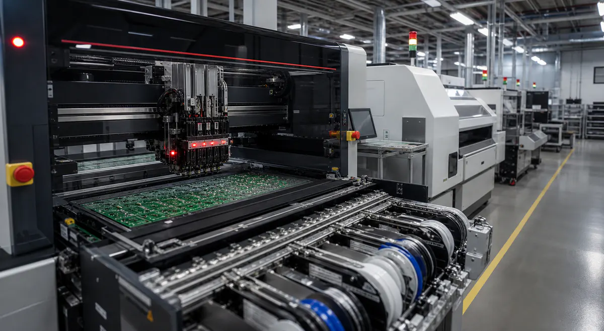 Automated SMT pick-and-place line assembling an array of printed circuit boards